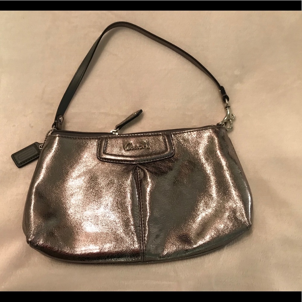 Coach large grey metallic wristlet
